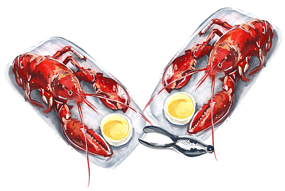 Illustration of 2 boiled lobsters on plates with butter