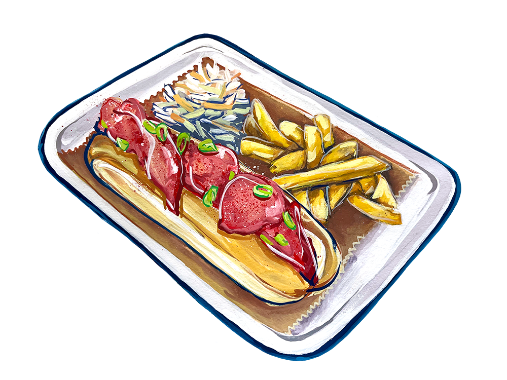 Illustration of a lobster roll plate with fries and coleslaw